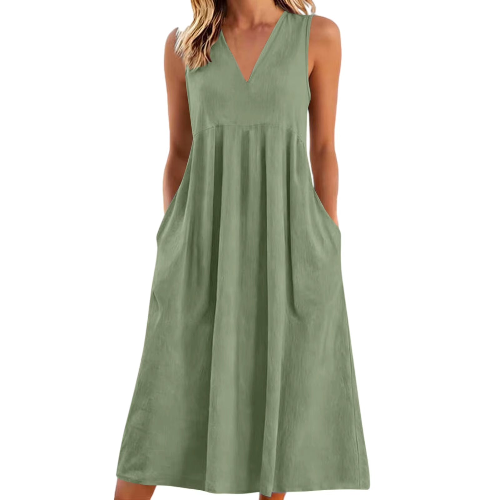 Vestido veraniego holgado informal de patchwork de algodón y lino con bolsillos, cuello en V, estilo playero, sin mangas, estilo vintage para mujer.