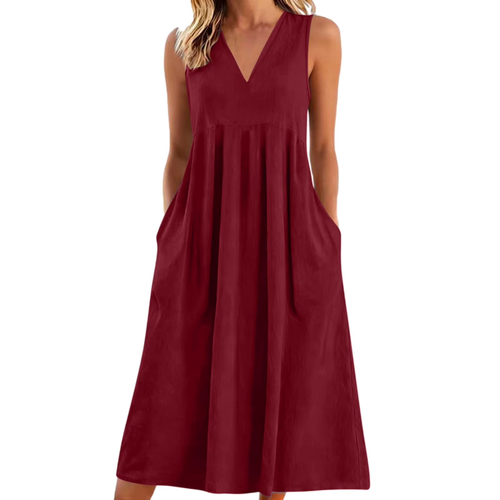 Vestido veraniego holgado informal de patchwork de algodón y lino con bolsillos, cuello en V, estilo playero, sin mangas, estilo vintage para mujer.