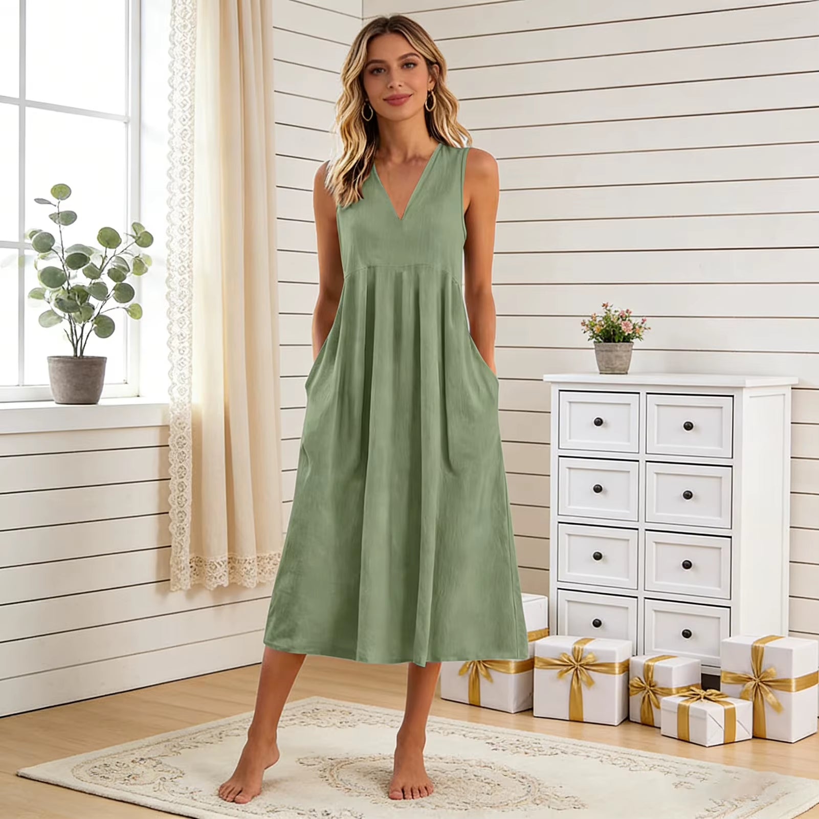 Vestido veraniego holgado informal de patchwork de algodón y lino con bolsillos, cuello en V, estilo playero, sin mangas, estilo vintage para mujer.