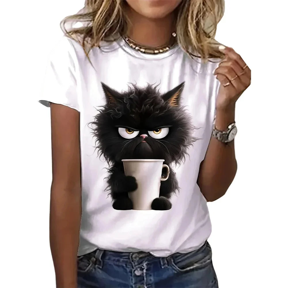 Camiseta blanca con estampado de gato divertido para mujer