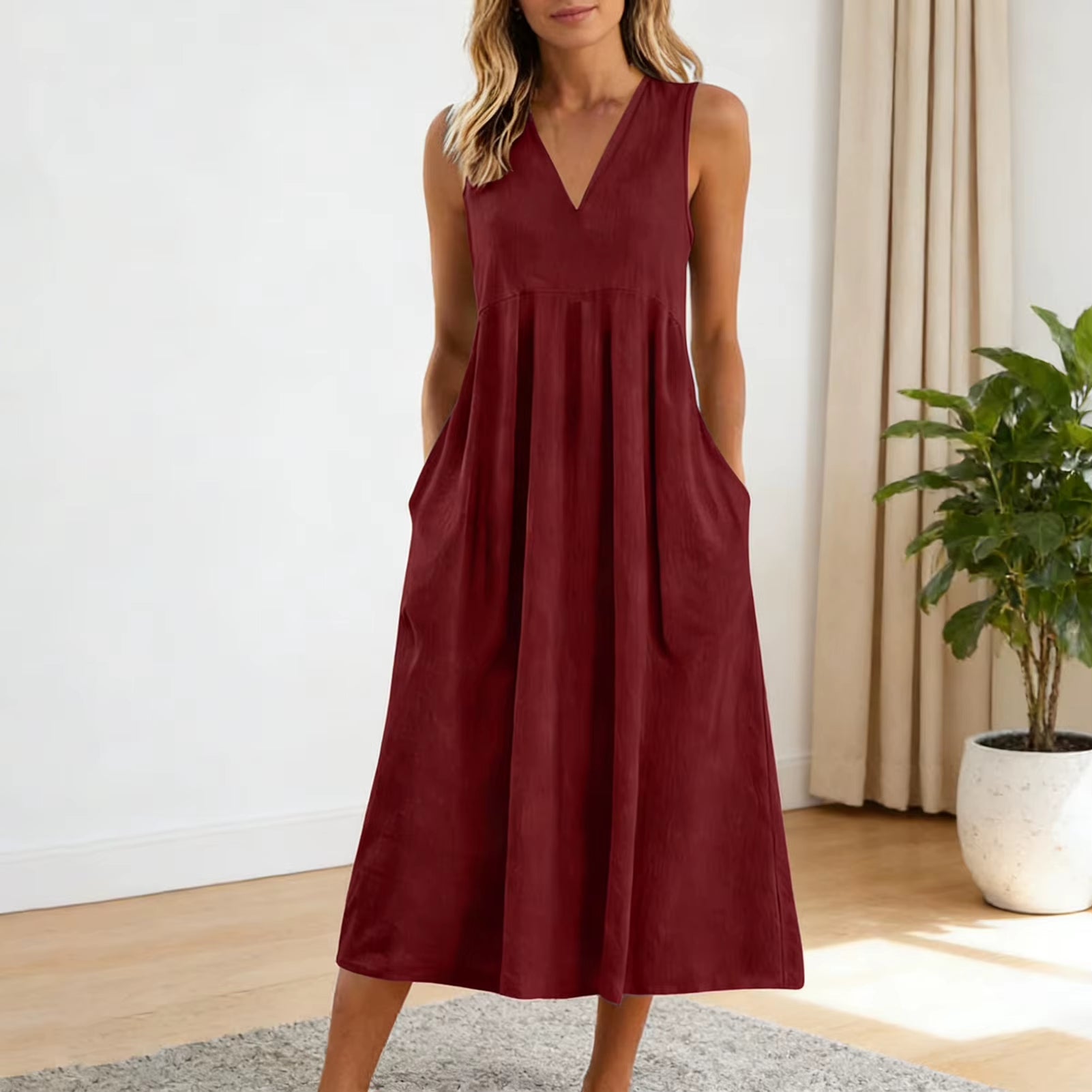 Vestido veraniego holgado informal de patchwork de algodón y lino con bolsillos, cuello en V, estilo playero, sin mangas, estilo vintage para mujer.