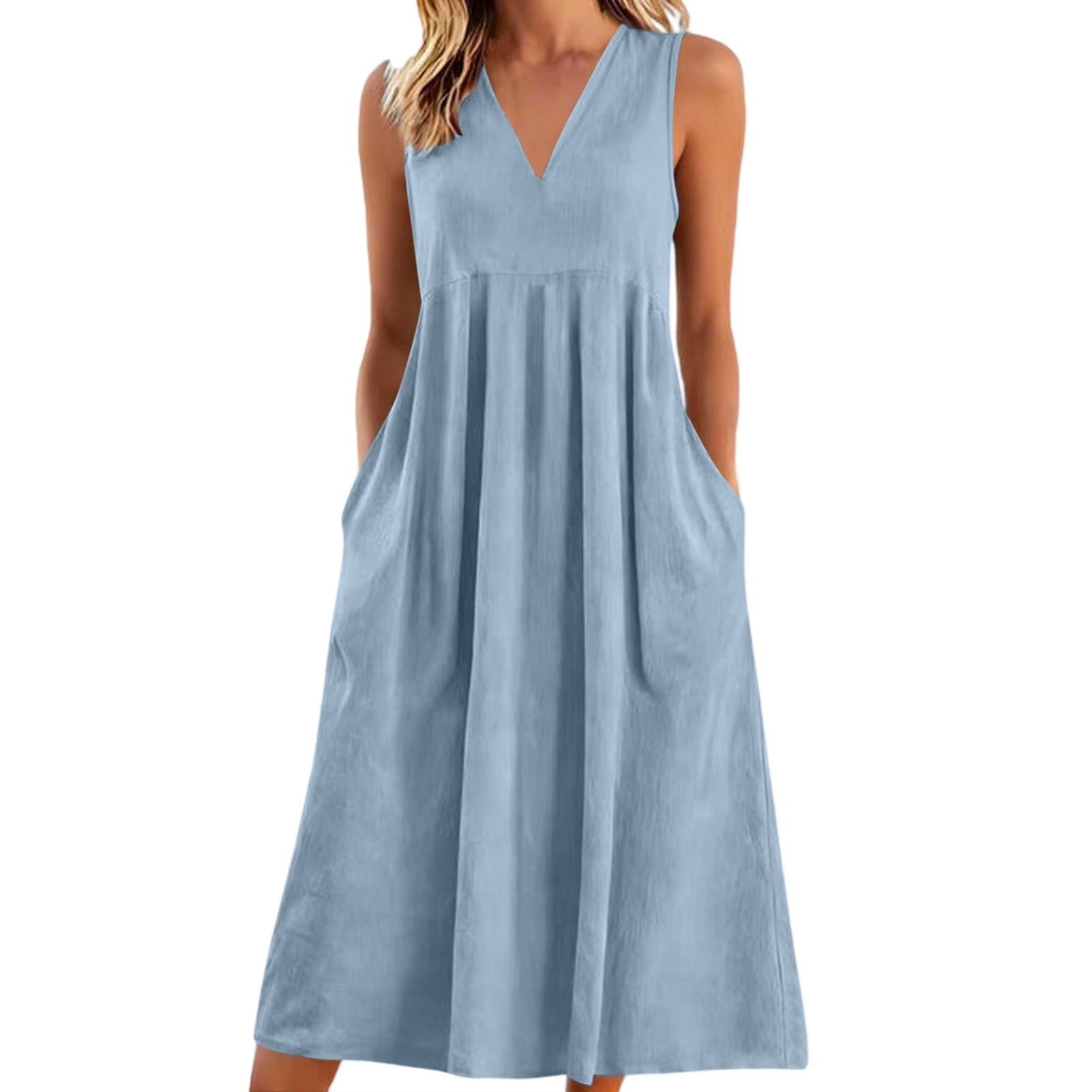 Vestido veraniego holgado informal de patchwork de algodón y lino con bolsillos, cuello en V, estilo playero, sin mangas, estilo vintage para mujer.