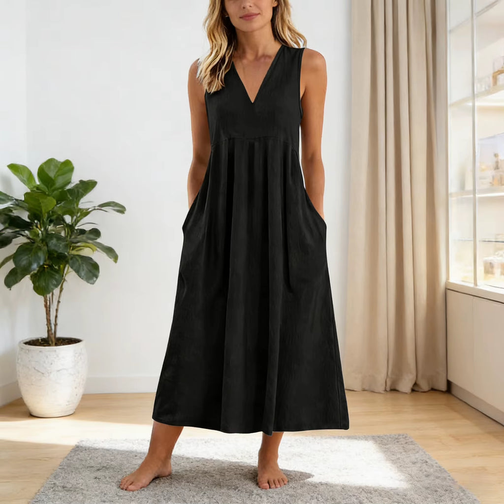 Vestido veraniego holgado informal de patchwork de algodón y lino con bolsillos, cuello en V, estilo playero, sin mangas, estilo vintage para mujer.