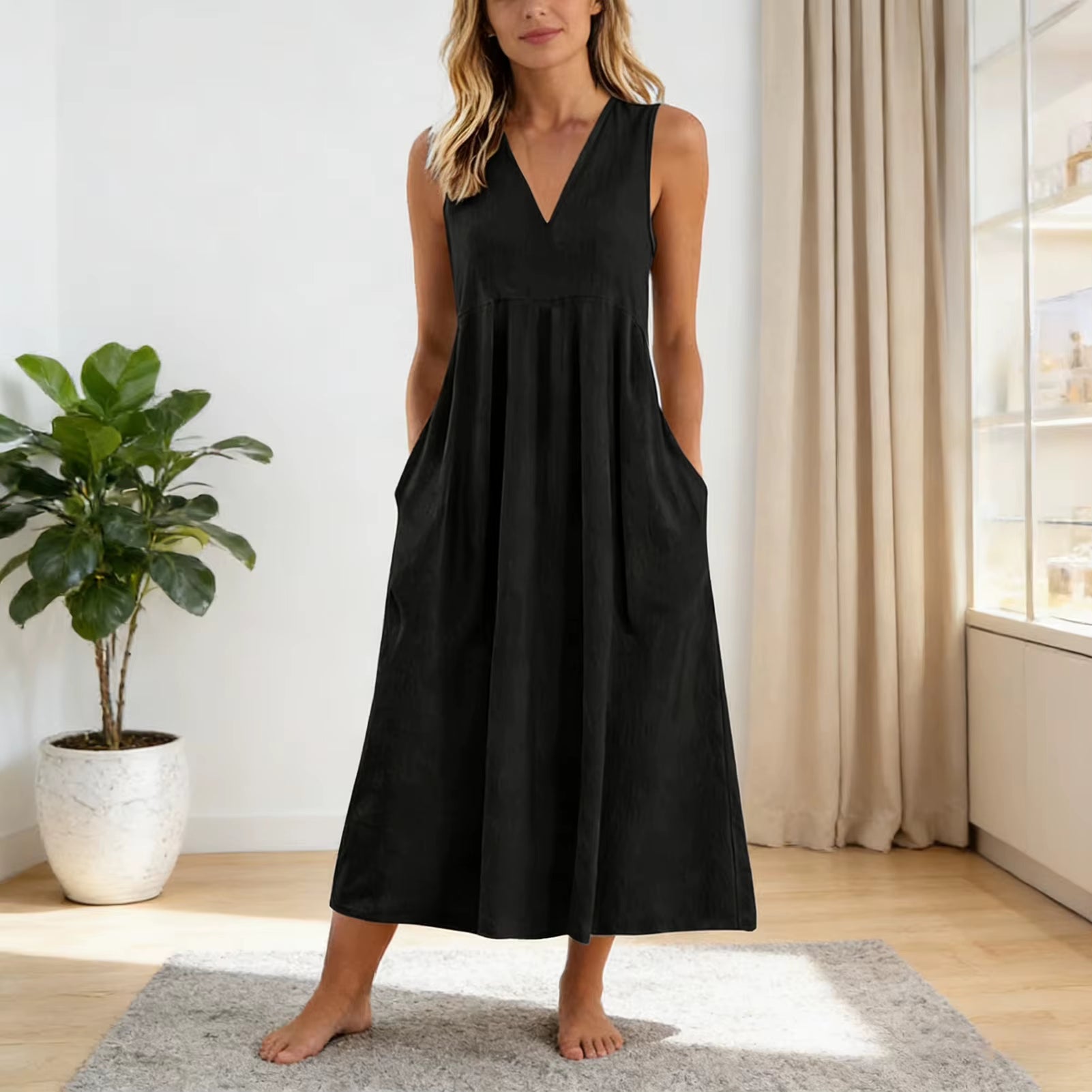 Vestido veraniego holgado informal de patchwork de algodón y lino con bolsillos, cuello en V, estilo playero, sin mangas, estilo vintage para mujer.